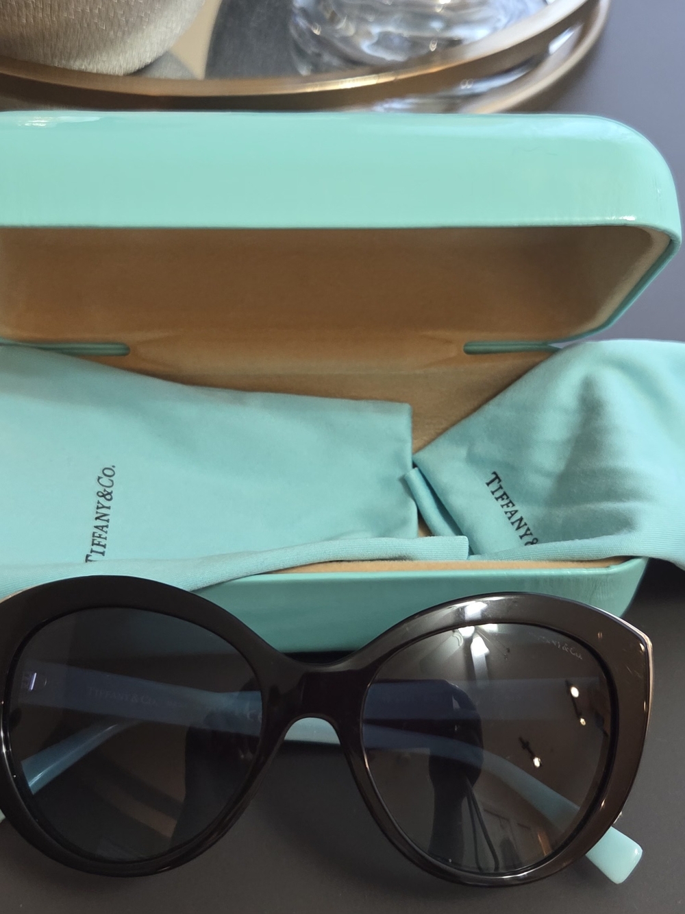 Tiffany & Co. Black Cat-Eye Sunglasses with Tiffany Blue Case